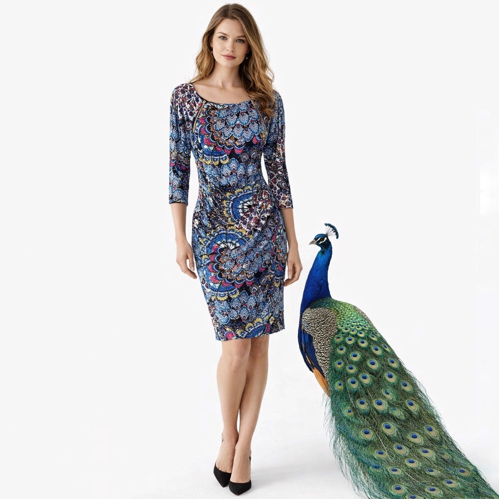Joseph ribkoff Blue Peacock Pattern Sequins Jersey Dress Size 10